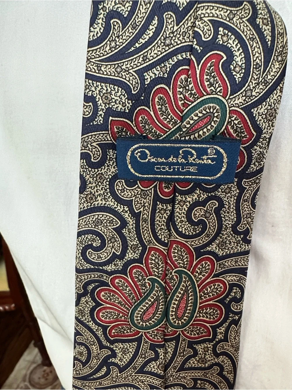 Vintage Oscar de la Renta Couture Silk Neck Tie Paisley Floral in Navy Red Gold